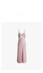 Detail of pink satin nightgown featuring intricate white lace trim and silky texture