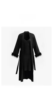 Detail of black silk pajama set featuring fluffy feather trim on the long robe sleeves