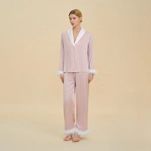 Luxury Faux Acetate Pajamas For Women Contrast Collar Feather Trim Long Sleeve Top And Bottom Elegant Lounge Wear Sleepwear
