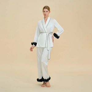 Women Elegant Satin Pajama Set Contrast Piping Long Sleeve Top And Bottom With 3D Floral Decoration Luxury Loungewear
