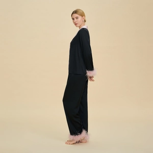 Luxury black satin pajama set with detachable pink feather cuffs and contrast trim