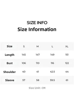 Detailed size chart for women long nightgown and pajama set in S to XL with CM measurements