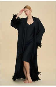 Close-up of luxury black silk robe detailing lush feather trim on sleeves and hemline
