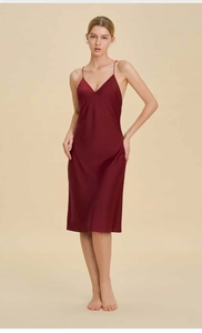 Deep red silk satin nightdress featuring a deep V-neck and delicate spaghetti straps