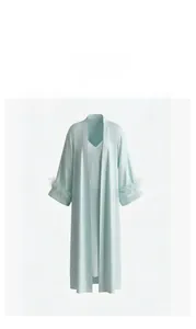 Detail of light blue satin pajamas featuring luxury feather trim on the robe cuffs