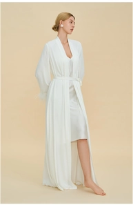 Elegant white satin robe set with feather trim cuffs and silk camisole for women