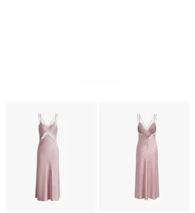 Detail of pink silk nightgown featuring delicate white lace trim and cross back straps