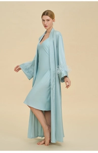 Detailed view of light blue satin luxury robe set with elegant feather cuffs for women