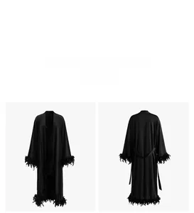 Detailed front and back view of long black silk robe with luxury feather trim on sleeves