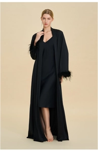 Detail of elegant black sleepwear set featuring luxurious feather cuffs and silk texture