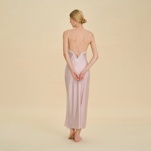 Sexy Lace Patchwork Deep V Neck Backless Satin Nightgown For Women Long Sling Sleepwear Cross Back Dress Elegant Home Wear