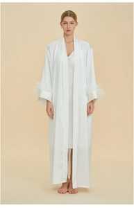 Elegant white satin robe set featuring plush feather cuffs and a matching slip dress