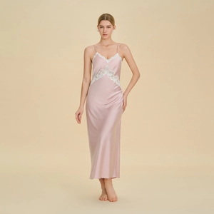 Elegant light pink satin nightgown with white floral lace trim and V-neckline