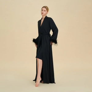 Elegant black long dressing gown for women with luxury feather cuffs and waist tie