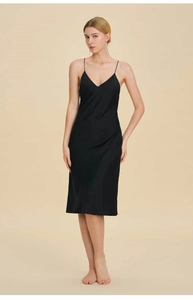 Close-up of sleek black satin fabric and delicate V-neck straps of the nightgown