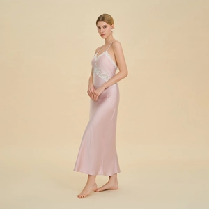 Elegant pink satin long nightgown with white lace trim and slim fit spaghetti straps