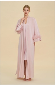 Detailed view of pale pink satin robe set with elegant feather-trimmed cuffs