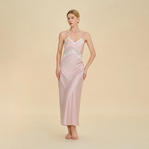 Elegant pale pink satin long nightgown with white lace trim and deep V-neckline