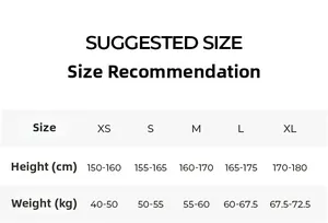 Size guide for women robe set with height and weight measurements from XS to XL