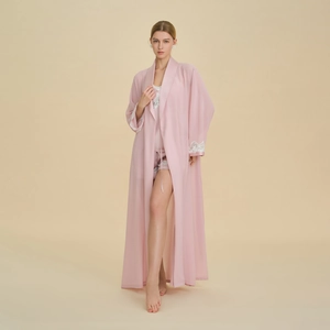 Pink three-piece silk pajama set with floral lace trim and long robe for women
