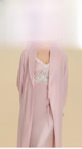 Detail showing pink satin robe set with elegant white lace trim on the neckline and sleeves