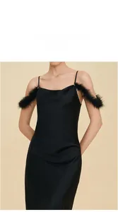 Détail d'une robe en satin noir avec une élégante garniture en plumes sur les bretelles