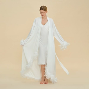 Luxurious Women Satin Robe And Slip Dress Featuring Elegant Feather Trim Long Sleeve Nightgown For Bridal Lounge