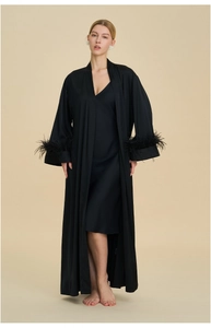 Detailed view of luxury black satin robe set featuring elegant feather trim on cuffs