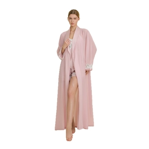 Pink three-piece women's satin sleepwear set with lace trim robe and camisole