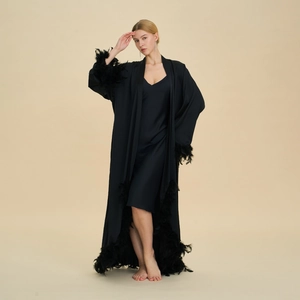 Luxurious black silk satin long robe with feather trim cuffs and matching slip dress set