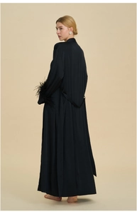 Detailed back view of a black silk satin robe featuring elegant feather trim cuffs