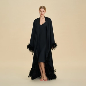 Luxurious black long robe with feather trim and satin slip dress two-piece pajama set