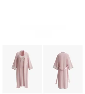 Front and back view of elegant pink silk satin robe set with white lace trim details