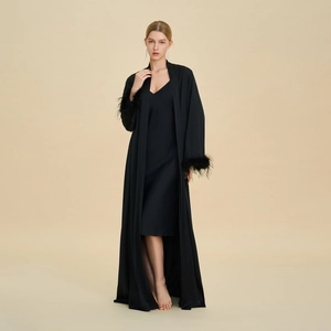 Elegant Women's Satin Pajama Robe And Nightdress Feather Trim Cuffs Solid Color Sleepwear Luxurious Loungewear Home Wear Suit