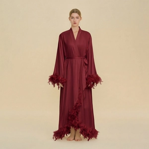 Luxury burgundy satin long bathrobe featuring elegant feather trim and waist tie