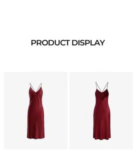 Close-up of wine red satin slip dress with thin straps and cross back tie detail