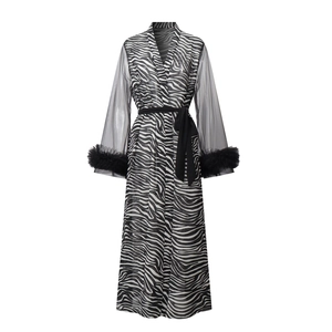 Long zebra print chiffon robe with elegant faux fur cuffs and waist tie belt
