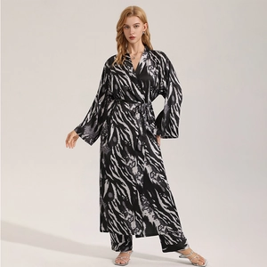 Elegant leopard print satin kimono robe set with long trousers for women's home wear