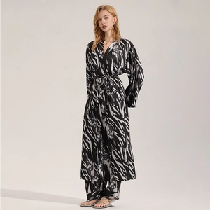 Elegant black and white zebra print satin sleepwear set with long robe and trousers