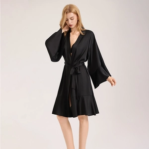 Women Elegant Satin Bathrobe V-Neck Bell Sleeve Ruffle Hem Nightgown Tie Waist Solid Color Black Home Wear Sleepwear