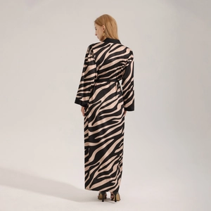 Women's zebra print long chiffon robe with black lace sleeves and adjustable waist tie