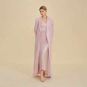 Luxurious Acetate Satin Robe Set For Women Elegant Lace Trim V-Neck Nightgown Sleepwear Loungewear Peach Pink Nightwear