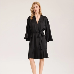 Elegant black satin bathrobe with bell sleeves and ruffle hem for women's sleepwear