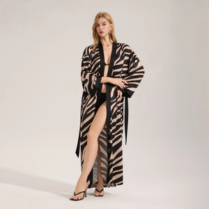 Long chiffon zebra print robe with long sleeves and waist tie belt for women