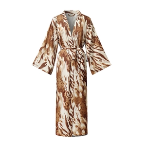 Long-sleeved satin leopard print kimono robe with belt in luxurious brown animal pattern
