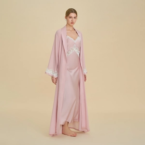 Women's pink satin nightgown set with white lace trim, luxury silk-like sleepwear 2pcs