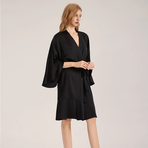 Elegant black matte satin bathrobe for women with kimono V-neck and ruffled hem details