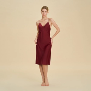 Elegant deep red satin slip nightdress with V-neck and open back for a luxury lounge style
