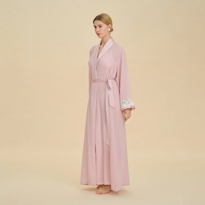Elegant pink silk satin sleepwear robe set with white lace cuffs and waist tie for women