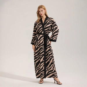 Women's zebra print pearl chiffon long robe with v-neck and black contrast trim